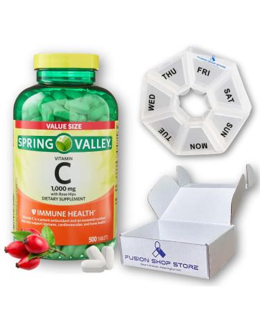 Spring Valley Vitamin C 1000 mg with Rose Hips 500 Tablets Set with Fusion Shop Store Week case (1) (Pack of 1)