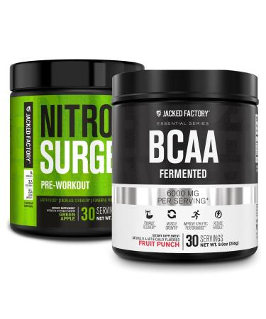 Jacked Factory Nitrosurge Pre-Workout in Green Apple & BCAA in Fruit Punch for Muscle Building and Recovery