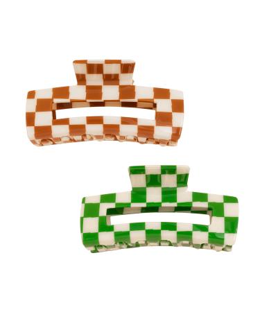 TODEROY Large Hair Claws Tortoise Barrettes Rectangular Claw Clips for Women No-Slip Grip Lattice Design Hair Jaw Clips Clamp 80's Aesthetics Plaid Checker Claws Hair Accessories for Girls (Green&Khaki-L)