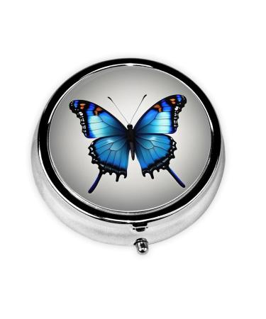 One Blue Butterfly Round Pill Box Lightweight Moisture-Proof Portable for Emergency Medication & Fish Oil One Blue Butterfly One Size