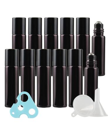 Zeoabsy 24 pieces 5ml black UV-coated essential oils roller bottles with stainless steel scooter balls glass bottles perfume bottle travel bottles for aromatherapy + 2 x funnel 1 x opener black 5ml