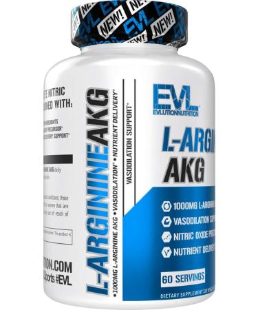 Evlution L-Arginine AKG - Vasodilation & Nutrient Delivery Support - Nitric Oxide Precursor - 1000mg L-Arginine AKG - Gluten Free & Non-GMO - Dietary Supplement - 60 Servings - 120 Veggie Capsules - Buy Online on GoSupps.com