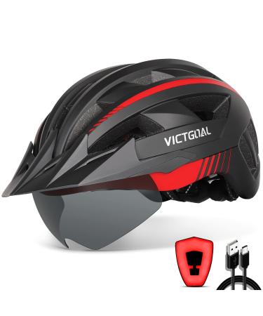 VICTGOAL Bike Helmet with USB Rechargeable Rear Light Detachable Magnetic Goggles Removable Sun Visor Mountain & Road Bicycle Helmets for Men Women Adult Cycling Helmets L: 57-61 cm Black Red