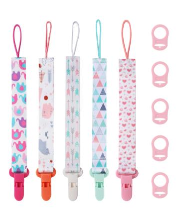 5 Pcs Dummy Clips Girl with 5 Pcs Silicone Adapter PP Material Baby Pacifier Clip Soother Chain Holder Straps Teething Clips for Baby Teething Toys Baby Shower (Pink)