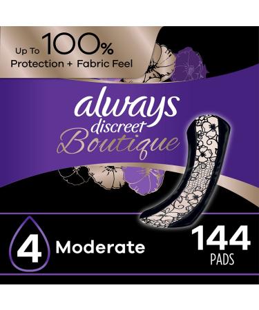 Always Discreet Boutique, Incontinence & Postpartum Pads For Women, Size 4, Moderate Absorbency, Regular Length, 48 Count X 3 Packs (144 Count Total)