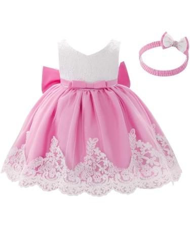 FYMNSI Baby Girl Baptism Christening Dress with Lace Floral Embroidery and Headband - Pink (6-9 Months) - Buy Online on GoSupps.com