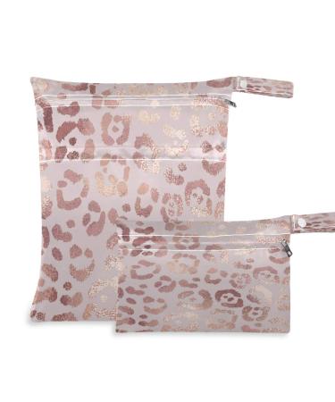 AUUXVA Wet Dry Bags Set Pastel Pink Leopard Print,Cloth Diaper Wet Bag Waterproof Reusable with Two Zippered Pockets for Travel Beach Pool Swimsuits Wet Clothes,2pcs