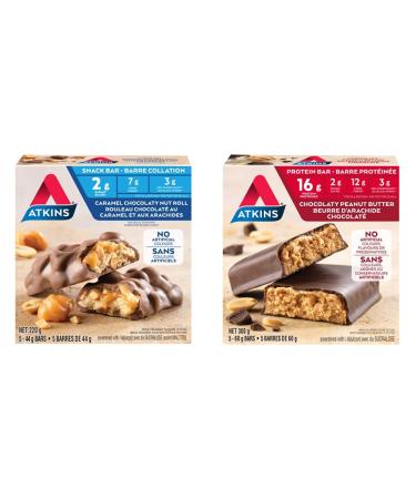 Atkins Snack Bars - Caramel Chocolaty Nut Roll 2g Sugar Keto-Friendly High Fibre 5 count & Protein Bars - chocolaty peanut butter 2g Sugar Keto-Friendly High protein high Fibre 5 count Snack Bars + Protein Bars