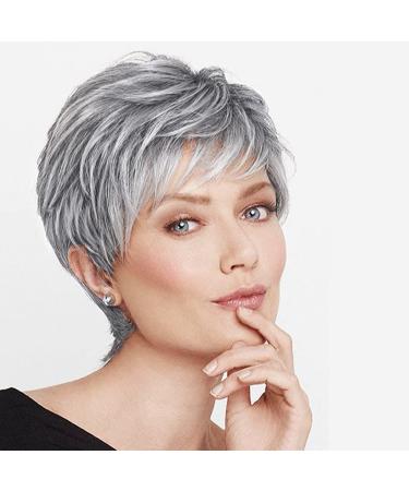 BECUS Short Gray Wigs with Bangs Sliver Gray Wigs Pixie Cut Layered for Women Synthetic with Free Wig Cap(Grey Mix Black) B-Grey Mix Black