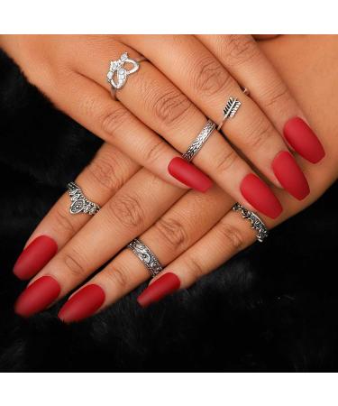 Bohend Cercueil Mat Faux Ongles Moyen Couleur Pure Ballerine Couverture Compl te Art Faux Ongle Consils 24Pcs Pour Femmes Et Filles (Red)