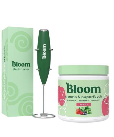 Bloom Nutrition Superfood Greens Powder Digestive Enzymes with Probiotics and Prebiotics Gut Health Bloating Relief Berry + Milk Frother High Powered Hand Mixer