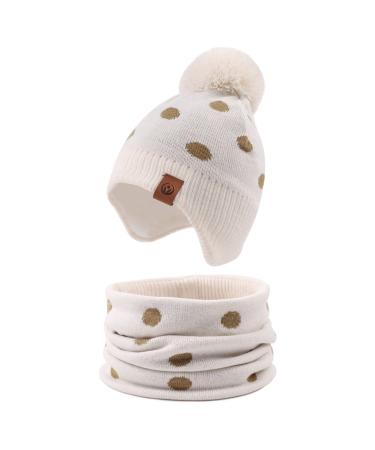 XIAOHAWANG Knitted Baby Hat Winter Warm Boys Girls Beanie Fleece Lining Toddler Kids Hat with Pompom 2-4 Years Beige Hat+Scarf