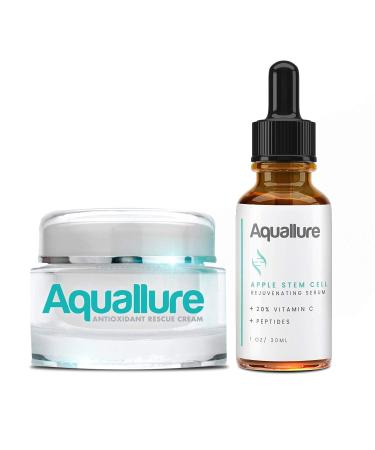 Antioxidant Rescue Cream and NEW! Aquallure Apple Stem Cell Rejuvenating Serum - Anti Aging 2 Step BUNDLE - Moisturizing Peptides Hyaluronic Acid Vitamin C 20% - (1 oz each) (2 items)