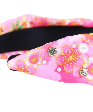 Vintage Pearl Print Crystal Knotted Headband - Cherry Pink Floral Hair Band - Buy Online on GoSupps.com