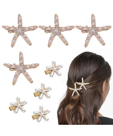 Zasvec Starfish Hair Clips 8 Pieces Girls Flower Girl Accessories for Wedding Diamond Hair Clip Starfish Hair Pins Beach Hair Accessories Hair Pin Rhinestone Hair Accessories and Beads Hair