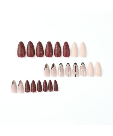 24 Pcs Almond Dark Red Press on Nails | Shiny Powder Frosted Black Line Design | Medium Length Fake Nails for Women - Buy Online on GoSupps.com