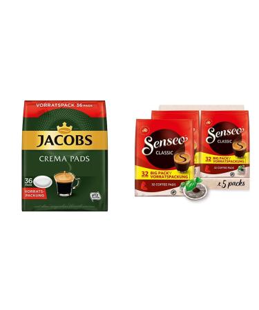 Jacobs Pads Crema Classic 180 Senseo Compatible Coffee Pads Utz certified 5 -Series Package 5 x 36 Beverages & Senseo Pads Classic - Coffee RA -certified - 5 Storage packs x 32 coffee pads bundle with coffee pads crema classic 36 pieces (5 pack)