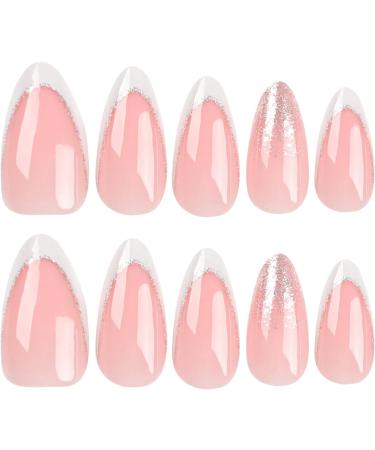 Danshinbow 24 Pieces French Oval False Nails Pink Silver Glitter Powder Print on Nails for Women and Girls - Buy Online on GoSupps.com