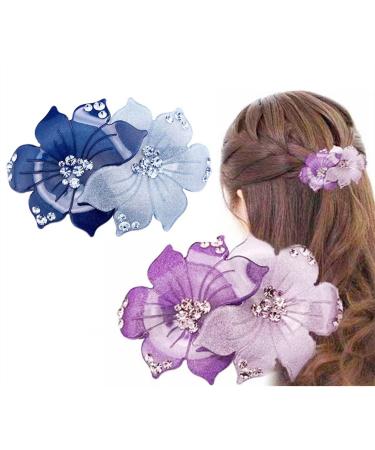 Chicmo 2-Pack of Women's Acrylic Flower Hair Barrette Set Fashion Floral Colorblock Rhinestone Spring Hair Clips Hairpins Elegant Party Hair Accessories Romantic Gift for Mother/Wife/Couple (purple&blue)