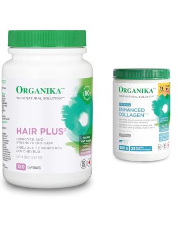 Organika Hair Plus 120 Caps & Enhanced Collagen Peptides Protein Powder For Healthy Hair Skin Nails Joints - Hydrolyzed For Better Absorption - Non-GMO - Unflavoured 250g SUPPLEMENT + SUPPLEMENT madfs-1190