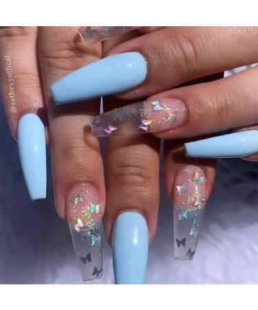 Sethexy long glossy ballerina false fingernails French coffin art nail tip 24st nails butterfly full cover press false nails (blue)