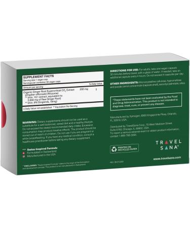 TRAVELSANA Organic Ginger Supplement | 18 mg Gingerols | 2,000 mg Raw Ginger Root Powder Eq. | 10:1 Extract | Supports Stomach Comfort* & Motion-Related Nausea* | Travel Essentials | 30 Veg Capsules - Buy Online on GoSupps.com