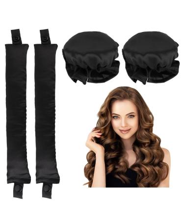 Heatless Hair Curler 2PCS Satin Heatless Curls Set Heatless Curlers Headband with Hairnet Hair Curlers No Heat Heatless Curling Set For Sleeping Overnight Lazy Curlers DIY Hair Styling Tools (Black)