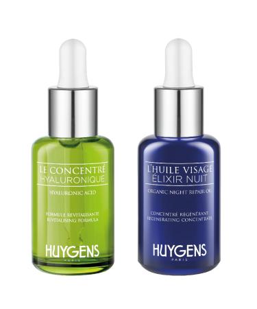 HUYGENS - The Day & Night Duo - Organic Certified - 2 x 30ml Face Serums - Day Revitalizing Concentrate and Night Repair Oil - All skin types - 100% Natural - Vegan - Made In France - 2 x 30 ml