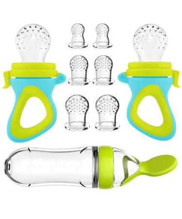 Baby Food Feeder Fresh Food - 2 Pack Fruit Feeder Pacifier 6 Different Sized Silicone Pacifiers | Baby Food Dispensing Spoon | Baby Feeding Set | Fresh Frozen Fruit (Green)