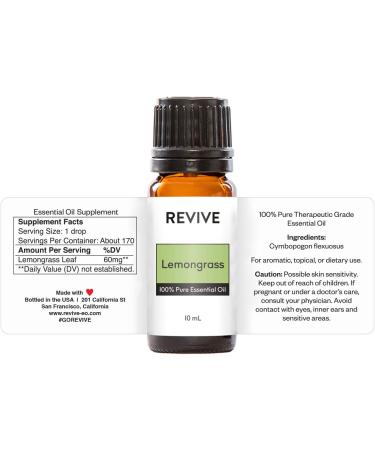 REVIVE Essential Oils LEMONGRASS 10 ml - 100% Pure Therapeutic Grade For Diffuser Humidifier Massage Aromatherapy Skin & Hair Care - Cruelty Free - Unrefined Oils With No Fillers. - Buy Online on GoSupps.com