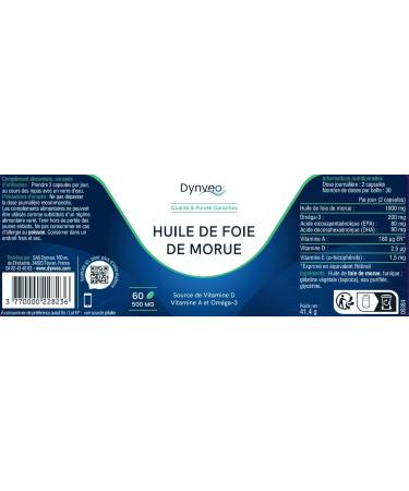Huile de foie de morue pure Immunit Os C ur Vision Riche en Om ga-3 Vitamines D & A & E - 1g/j - Hautes Qualit & Concentration - P che durable - 60 Capsules marines (1 mois) - Dynveo - Buy Online on GoSupps.com