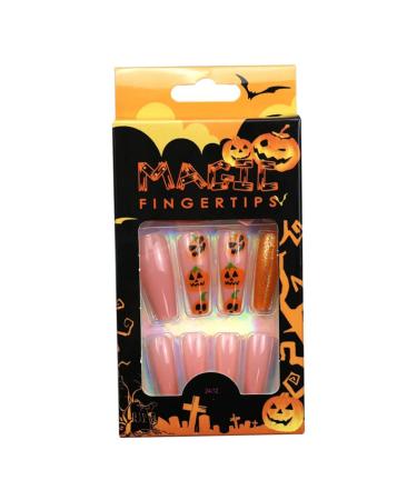 Halloween Press on Nails Medium Length Fake Nails Acrylic Nails Pumpkin Black Flame Cross head Design Nails Fake Nails Glue for Women and Girls the Most Fashionable Nail Decoration Halloween