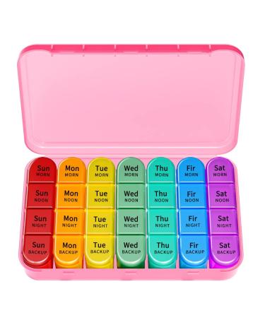 Weekly Pill Organizer Large Pill Box Case (7-Day / 4-Times-A-Day) with Big Compartments to Hold Plenty of Fish Oils Vitamins Morning noon Night Medication Dispenser (Pink)