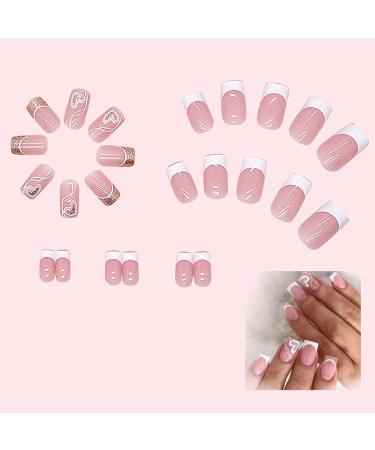 press-on nails French square fake nails short press-on nails reusable short nails press-on cute nails set for women DIY family party date wedding manicure tips - Buy Online on GoSupps.com