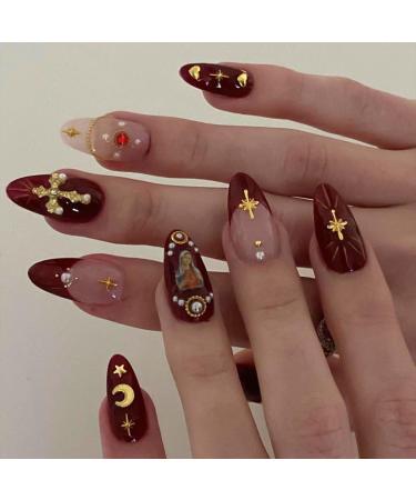 24 Pcs Claret Press on Nails Short Almond - SHANRUN 5D Cross Rhinestones Charms Fake Nails French Glossy Gel X Nail Tip Full Cover Acrylic Nails Press ons with Nail File Stick Jelly Glue on Nails Kit Design A13