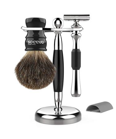 Badger Shaving Brush Set 3in1 Razor and Brush Stand Stainless Steel Double Edge Safety Razor with Protective Cover Pure Badger Brush Quality Resin Handle for Men Women Wet Shave Hair Removal