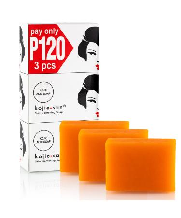 Kojie San Skin Lightening Kojic Acid SOAP 3 BARS - 100G Fades Age Spots Freckles and other Signs of Sun Damage and Heals Acne Blemishes and Erases Red Marks and Scars by Kojie San 65765686538 135 G (3 Pack)