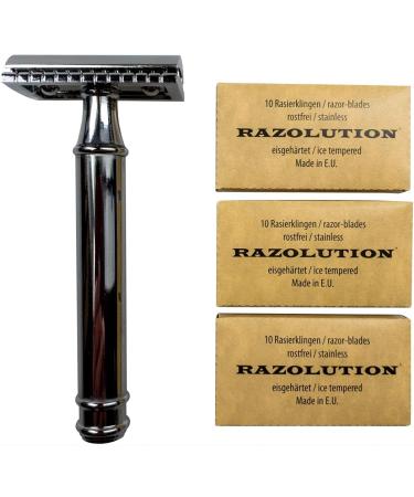 Safety Razor 3-Piece Set | 85mm Chrome-Plated Handle + 30 FREE Blades | International Shipping Available - Buy Online on GoSupps.com