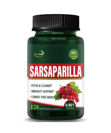 Sarsaparilla Root Capsules Natural 6-in-1 Formula Supplement with Sarsaparilla (Zarzaparrilla) Burdock & Cocolmeca Extract for Detox Cleanse Immunity Support. 120 Counts - 60 Days Supply 120 Count (Pack of 1)