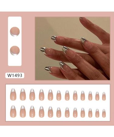 Buy Silver French Tip Press on Nails - Medium Almond Glossy Full Cover - 24 Pcs Acrylic Reusable Stick on Nails for Women & Girls - Perfect Nail Decorations - Buy Online on GoSupps.com