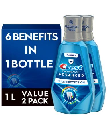 Crest Pro-Health Advanced Mouthwash Alcohol Free Multi-Protection Fresh Mint 1 L (33.8 fl oz) Pack of 2 Blue