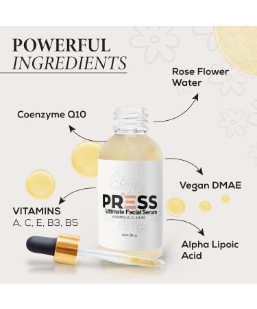 Ultimate Facial Serum for Glowing Skin | PRESS SKINCARE | Anti-Aging Hydrating | Vitamins A C B3 B5 E | Reduces Wrinkles Dark Spots & Fine Lines | 2OZ - Buy Online on GoSupps.com