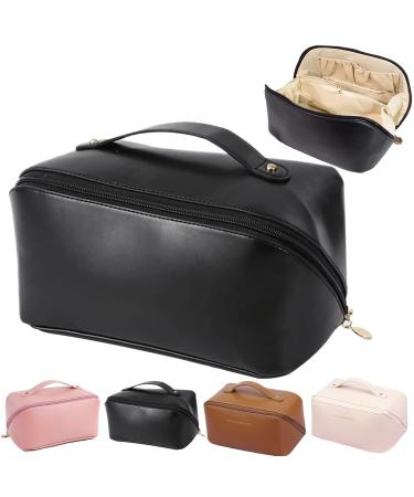 Amszke Large Capacity Travel Cosmetic Bag, Multifunctional Makeup Bag, Waterproof Portable Flat Open PU Leather Toiletry Organizer Bag with Dividers and Handle for Women Girls (black)