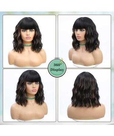 WAVE&BREEZE 14 Inch Black Mixed Brown Highlights Short Wavy Curly Wig for Women with Bangs Natural Looking Heat Resistant Synthetic Hair Wig for Daily Party - Buy Online on GoSupps.com