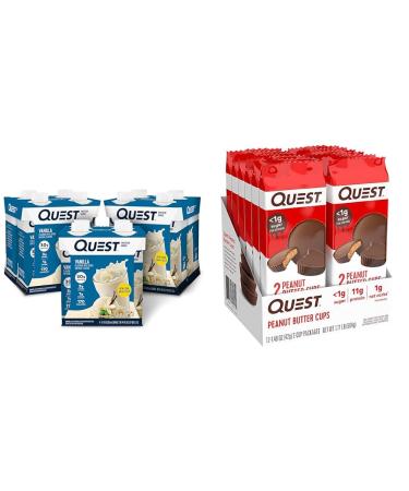 Quest Vanilla Protein Shake High Protein Low Carb Gluten Free Keto Friendly 11 Fl.Oz 4 Count (Pack of 3) and Quest Nutrition Peanut Butter Cups 12 Count (Pack of 1) (total- 17.76 Ounce)