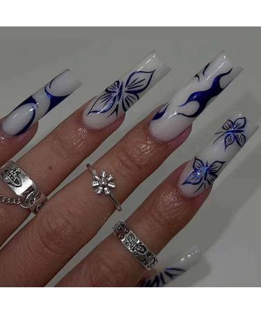 Foccna Long Blue Press on Nails Square Fake Nails White Full Cover Butterfly Acrylic False Nails Glossy Nails for Women and Girls-24PCS Nails 9