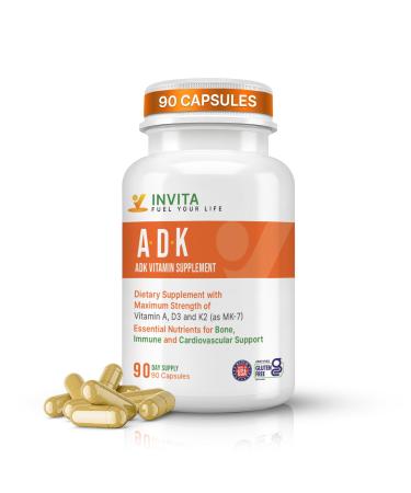 INVITA ADK Vitamin Supplement 90 Capsules High Potency of Vitamin A D3 5000 IU & K2-MK7 Physician Formulated for Bone Heart & Immune Support Non-GMO Gluten Free (3-Month Supply) Pack of 1 (90 Count)