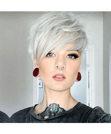 Short Silver Grey Pixie Cut Wigs for White Women with Bangs Natural Wavy Synthetic Hair Wigs Heat Resistant Fiber Hair Replacement Wig 6" Silver Grey