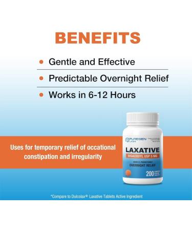 Puregen Labs Bisacodyl 5mg Tablet | 200 Count | Stimulant Laxative Gentle and Fast Overnight Relief for Constipation 1 - Buy Online on GoSupps.com