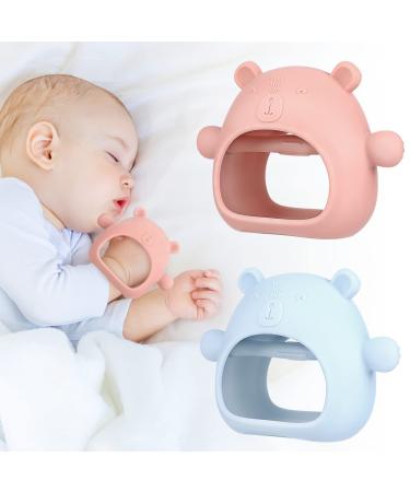 2 Pack Never Drop Silicone Baby Teething Toys for 3+ Months Infants Bear Shape Baby Chew Toys for Sucking Needs Hand Pacifier for Breast Feeding Babies BPA Free(Pink+ Blue) Blue Pink
